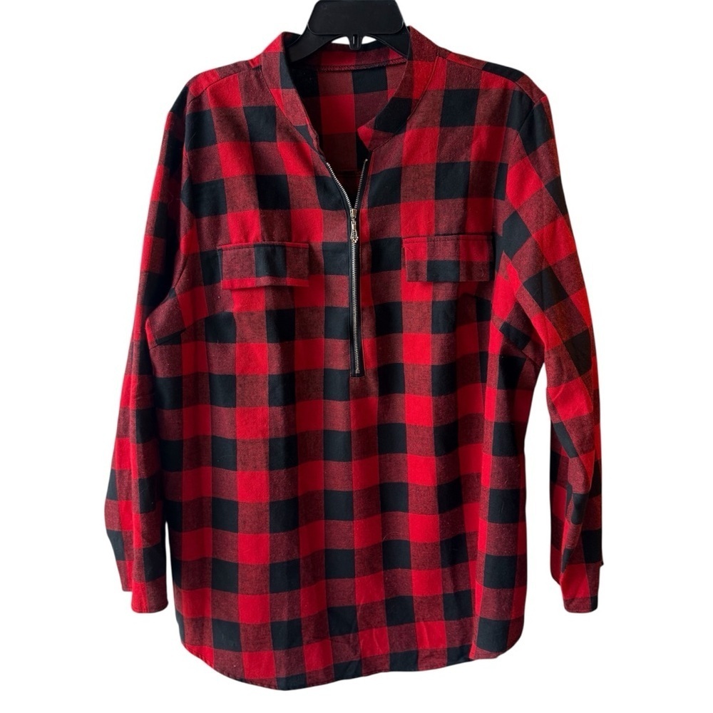 Women’s Red and Black Plaid Quarter Zip-Up Shirt